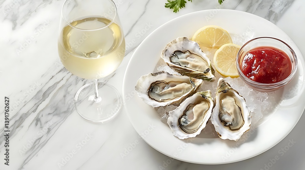 A plate of oysters with a glass of white wine A plate of oysters with a glass of white wine