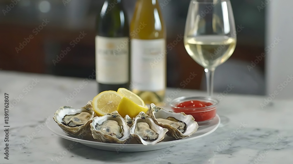 Fototapeta premium A plate of oysters with a glass of wine and a lemon wedge