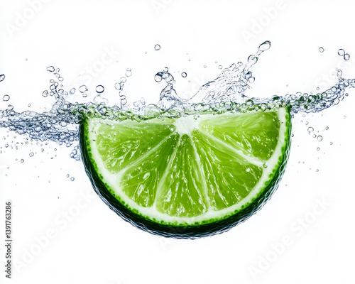 A refreshing lime slice splashing into clear water.