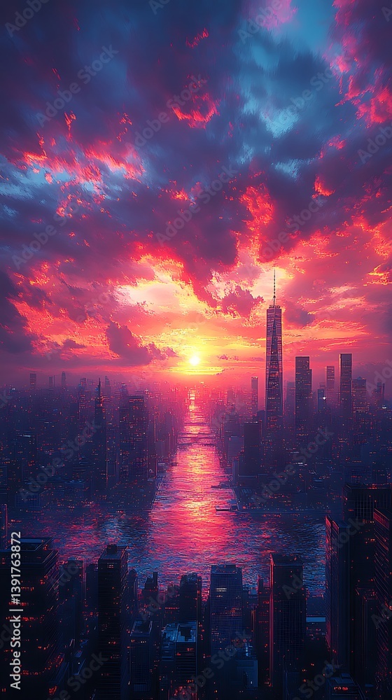Fototapeta premium Vibrant Sunset City Skyline Phone Wallpaper Pink Orange Hues Reflected in Still Waters Vertical Mobile Background
