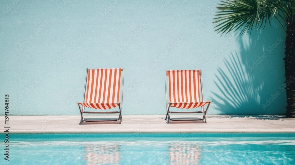 Fototapeta premium Minimalist Scene with Two Sunbeds by a Blue Pool