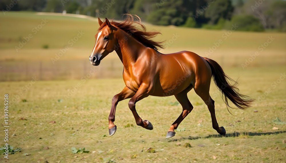 Fototapeta premium brown horse running across a grass covered field