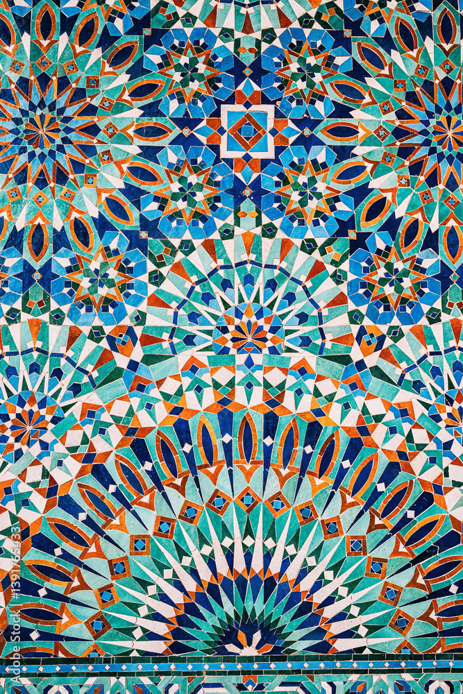 Traditional moroccan mosaic made with zellige style creating beautiful geometric patterns on a wall