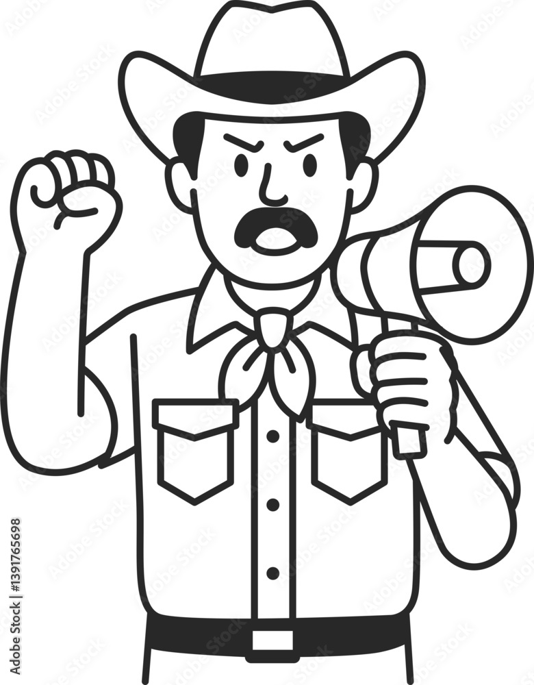 Angry cowboy shouting with megaphone and raising fist icon, vector.