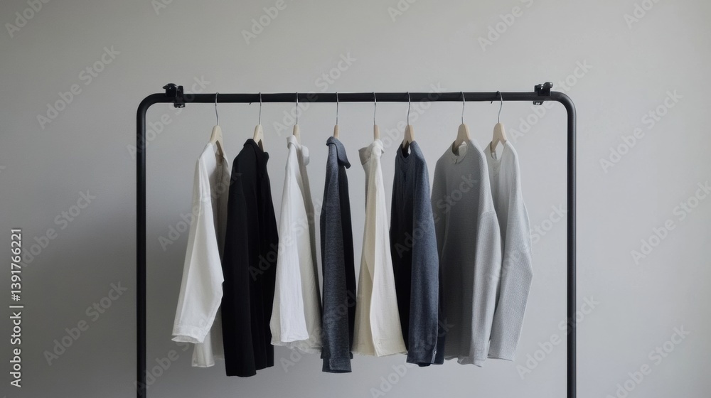 Sweater collection displayed on clothing rack in front of neutral backdrop Sweater collection displayed on clothing rack in front of neutral backdrop