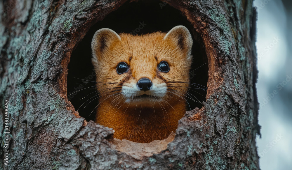 Curious marten peering from tree hollow. A marten with vibrant fur peeks out from a hollow in a tree, showcasing its curious expression in the forest. Curious marten peering from tree hollow. A marten with vibrant fur peeks out from a hollow in a tree, showcasing its curious expression in the forest.