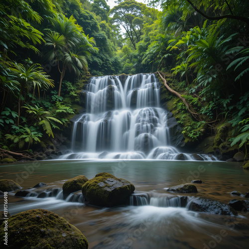 Flowing Waterfall Cascades Through Lush Green Forest Landscape Scene