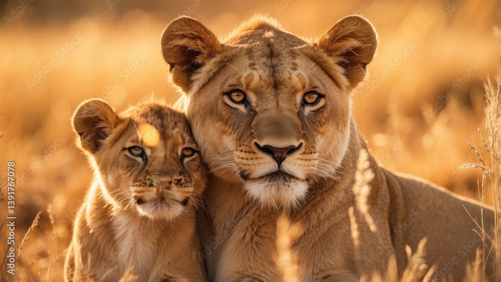 A lioness stands protectively beside her cub in tall A lioness stands protectively beside her cub in tall