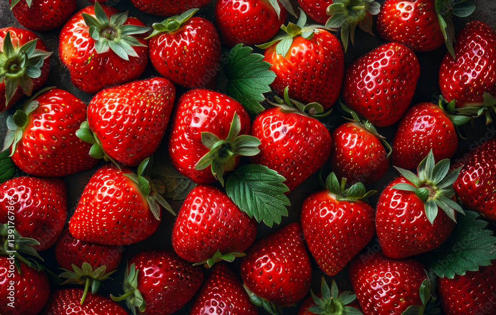 Fresh strawberries arranged on a surface. Bright red strawberries with green leaves cover a dark surface, showcasing their vibrant color and natural freshness. Fresh strawberries arranged on a surface. Bright red strawberries with green leaves cover a dark surface, showcasing their vibrant color and natural freshness.
