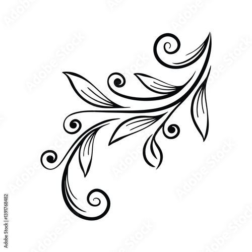Curved botanical flourish with leaves and spirals silhouette isolated on white background