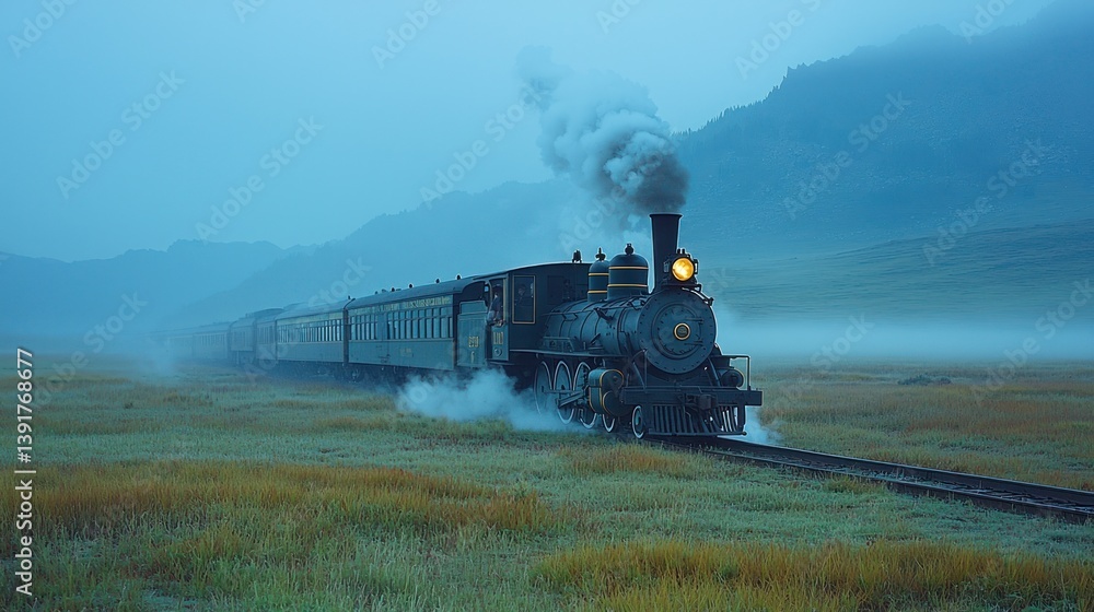 Fototapeta premium Misty train journey through mountain valley