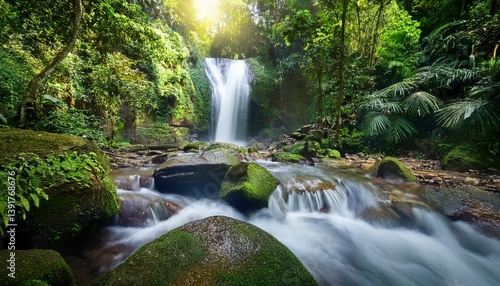 Lush Waterfall cascading through a tropical rainforest.