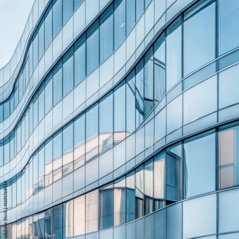 Modern Glass Building Facade with Curving Blue Windows Modern Glass Building Facade with Curving Blue Windows
