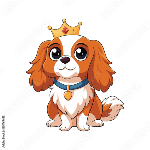Cute and regal king charles spaniel dog with crown vector illustration isolated on white background