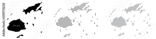 Fiji silhouette map and two patterns of dots and slanted lines. Flat vector illustration isolated on white