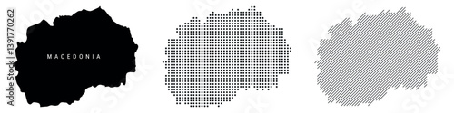 Macedonia silhouette map and two patterns of dots and slanted lines. Flat vector illustration isolated on white