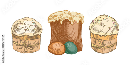 Hand drawn colored vintage sketch of Easter cakes with eggs