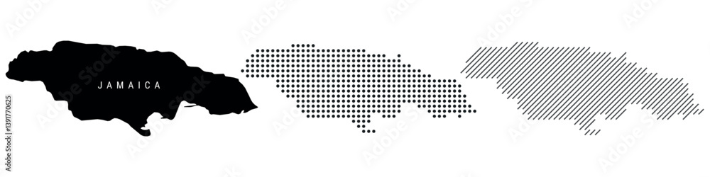 Obraz premium Jamaica detailed silhouette map, dotted pattern and slanted parallel lines pattern. Jamaican textured stylized map. Vector illustration isolated on white.