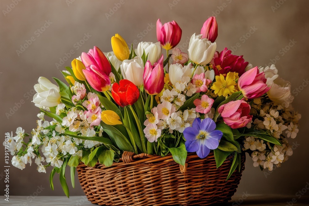 Beautifully arranged tulip and flower bouquet in a woven basket for spring decoration Beautifully arranged tulip and flower bouquet in a woven basket for spring decoration
