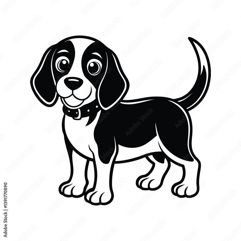 Cute Beagle dog with a collar cartoon character silhouette isolated on white background Cute Beagle dog with a collar cartoon character silhouette isolated on white background