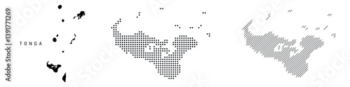 Tonga silhouette map and two patterns of dots and slanted lines. Flat vector illustration isolated on white
