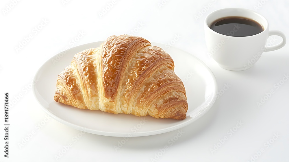 A croissant is on a white plate next to a cup of coffee A croissant is on a white plate next to a cup of coffee