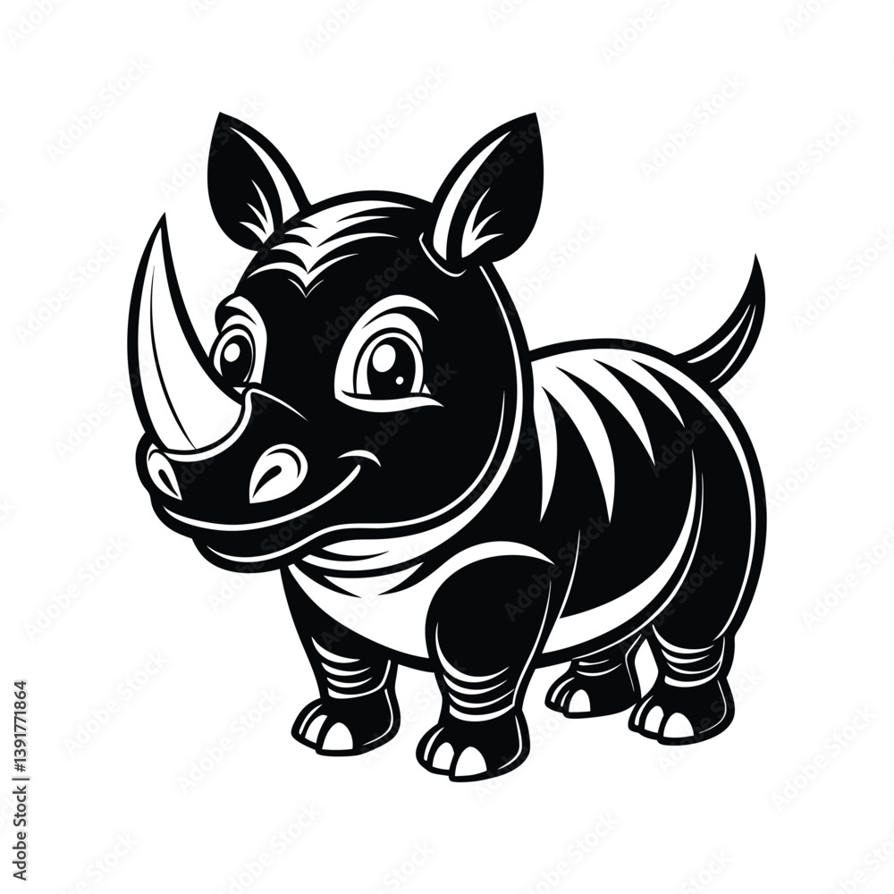 Fototapeta premium Cute black and white cartoon rhino character silhouette isolated on white background
