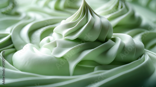 Large, swirled peaks of smooth, pastel green meringue create a soft and inviting dessert display.