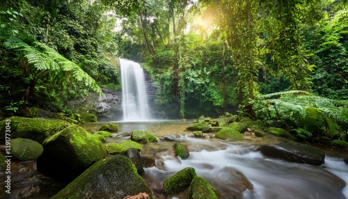 Lush Waterfall Cascading Through a Tropical Rainforest