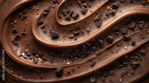 Deliciously smooth melted chocolate with crunchy dark chocolate pieces scattered throughout, creating a delightful texture.