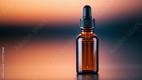 Close-up of amber glass essential oil bottle with dropper against a gradient background