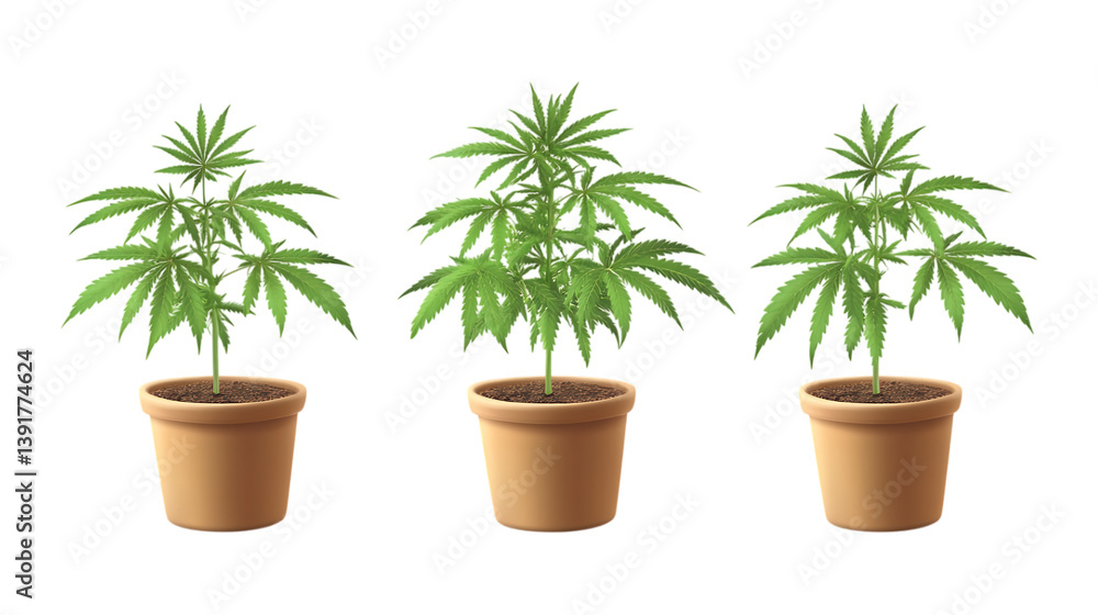 Fototapeta premium Pack of Hemp Plant in Pot set of Three Different Poses set Against Transparent Background for Organic Branding, Gardening Promotion, or Eco-Friendly Design Projects