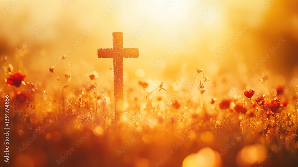 A wooden cross stands in a meadow, bathed in golden autumn sunrise light. Peace and solitude in nature's embrace. A wooden cross stands in a meadow, bathed in golden autumn sunrise light. Peace and solitude in nature's embrace.