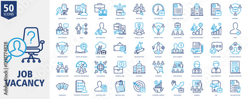 Job Vacancy Icon Set Outline duo tone Style with job vacancy, online interview, salary, career choice, selection, full time job, curriculum vitae, company, applicant and referral
