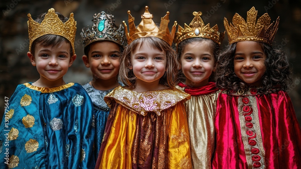 Fototapeta premium Children in regal costumes, smiling