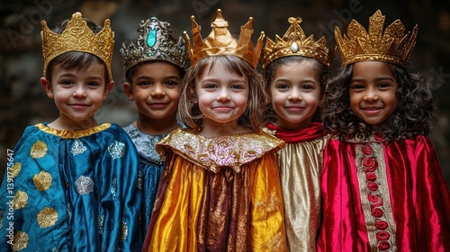 Children in regal costumes, smiling