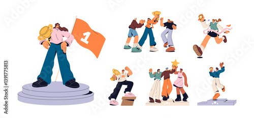 Set of happy winners. People celebrate victory, rejoice at achievements, success. Teams win, hold medals, golden cup, prizes, trophies at award. Flat isolated vector illustrations on white background
