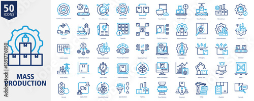 Mass Production Icon Set Outline duo tone Style with Continuous Improvement, RPA, Time Allocation, Supply Chain, Replication, Raw Material, Product Weight, Mass Production, Manufacture and Efficiency

