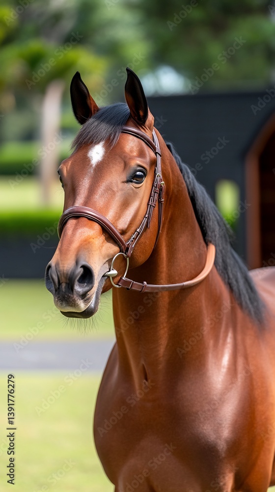 Obraz premium Chestnut horse portrait, paddock, sunny day, equestrian