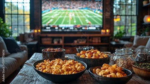 Game day snacks on rustic coffee table before large TV showing football game