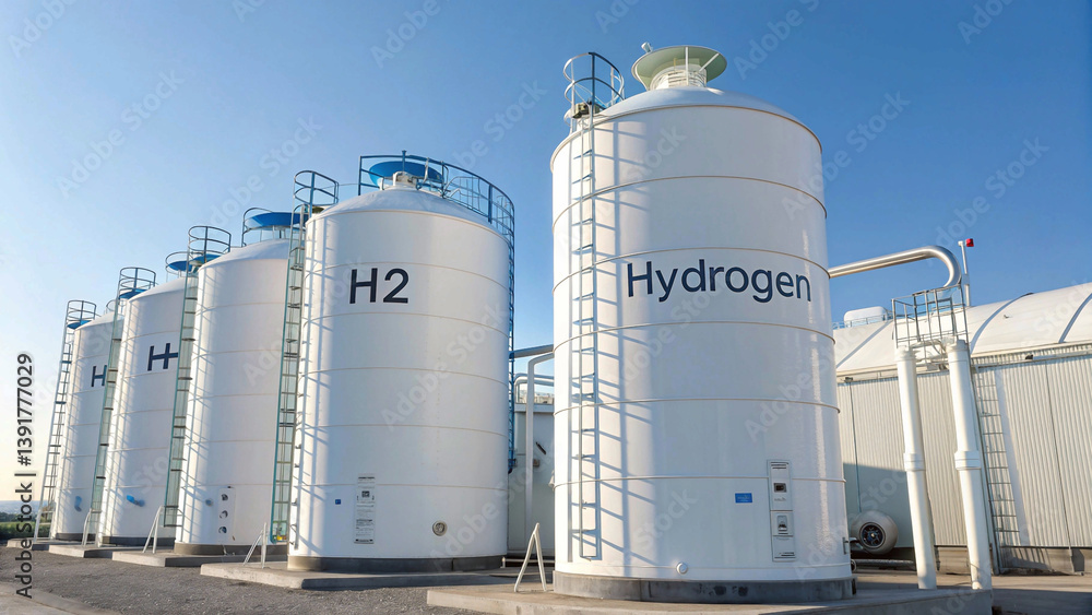 Clean energy concept depicted by large, white hydrogen storage tanks with prominent blue labels in an open industrial environment under a bright sky Clean energy concept depicted by large, white hydrogen storage tanks with prominent blue labels in an open industrial environment under a bright sky