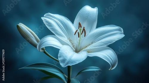 Elegant white lily in deep teal backdrop