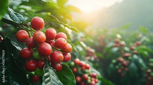 Coffee berries on branch, bright light