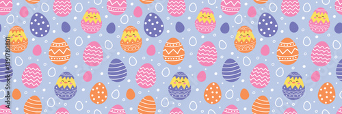 Easter seamless pattern with cute chicks and eggs. Colourful background in cartoon style. Vector illustration.