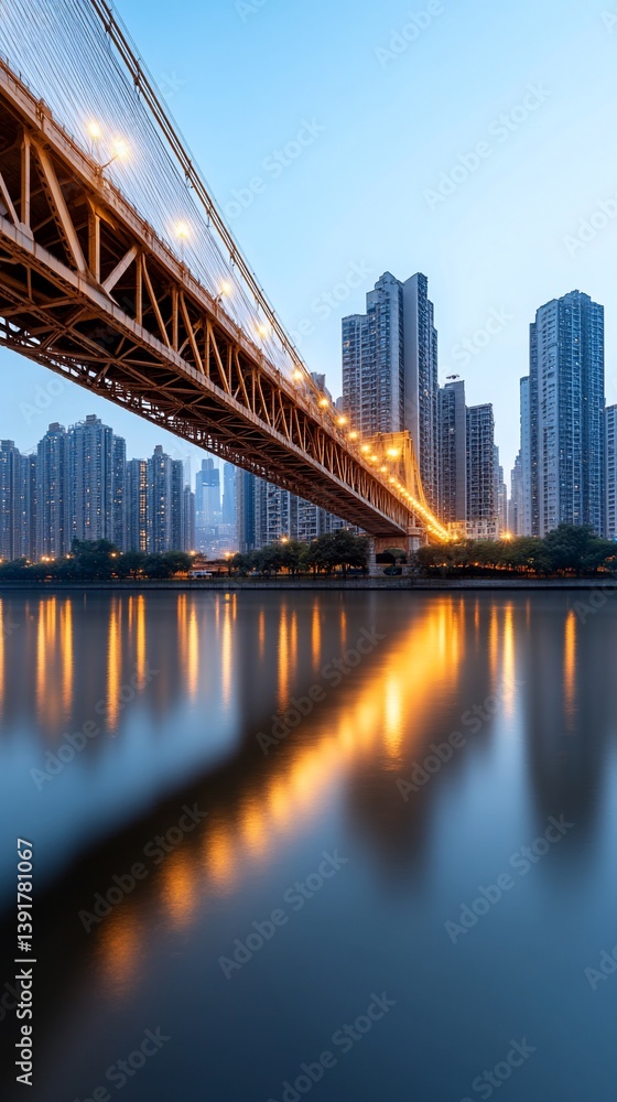 Naklejka premium City bridge twilight river reflection cityscape
