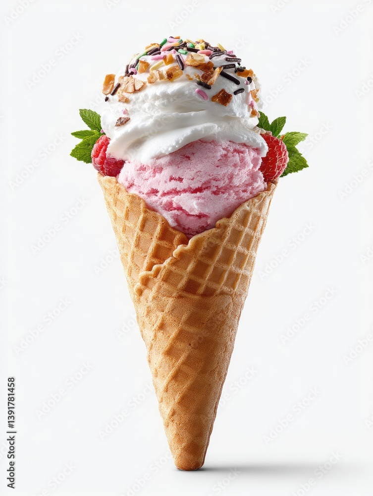 A delicious ice cream cone decorated with toppings and berries A delicious ice cream cone decorated with toppings and berries