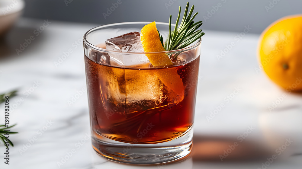 Negroni with citrus ice cube and rosemary sprig garnish on marble Negroni with citrus ice cube and rosemary sprig garnish on marble