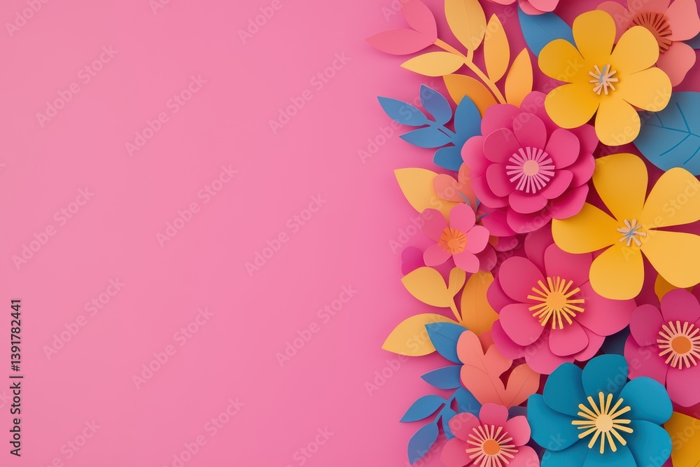 Naklejka premium Colorful paper flowers on pink background decoration