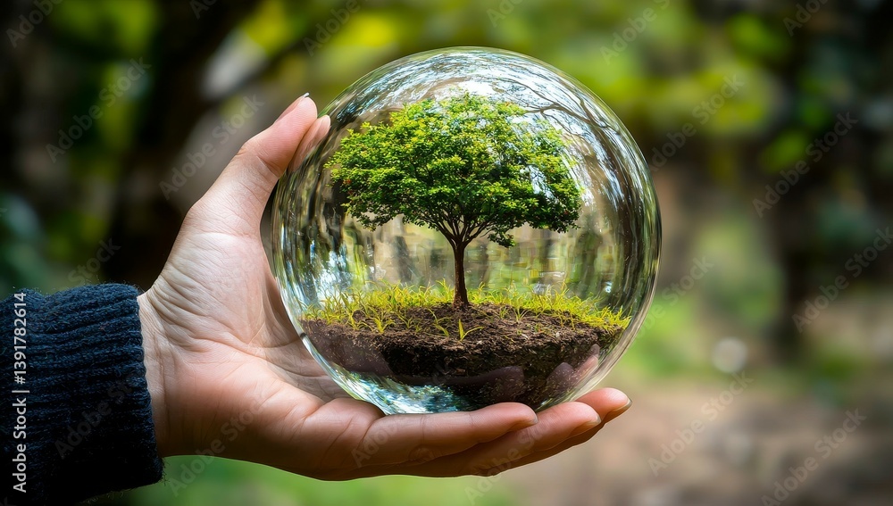 Person Holding Glass Globe Containing Lush Green Tree Symbol of Environmental Conservation High-Quality Image Person Holding Glass Globe Containing Lush Green Tree Symbol of Environmental Conservation High-Quality Image