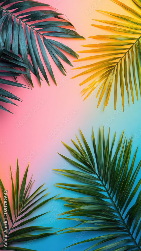 Bright tropical palm leaves on a vibrant, colorful background, perfect for a summer banner, tropical summer mockup, luxury travel holiday design, ample copy space, top view flat lay Bright tropical palm leaves on a vibrant, colorful background, perfect for a summer banner, tropical summer mockup, luxury travel holiday design, ample copy space, top view flat lay